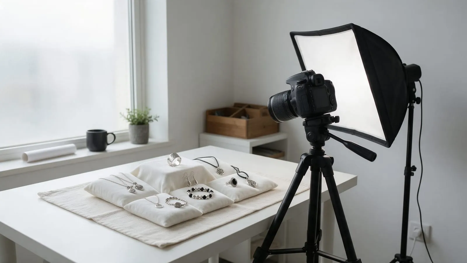 Un set fotografico con tavolo bianco, softbox e fotocamera su treppiede davanti ad alcuni gioielli in argento