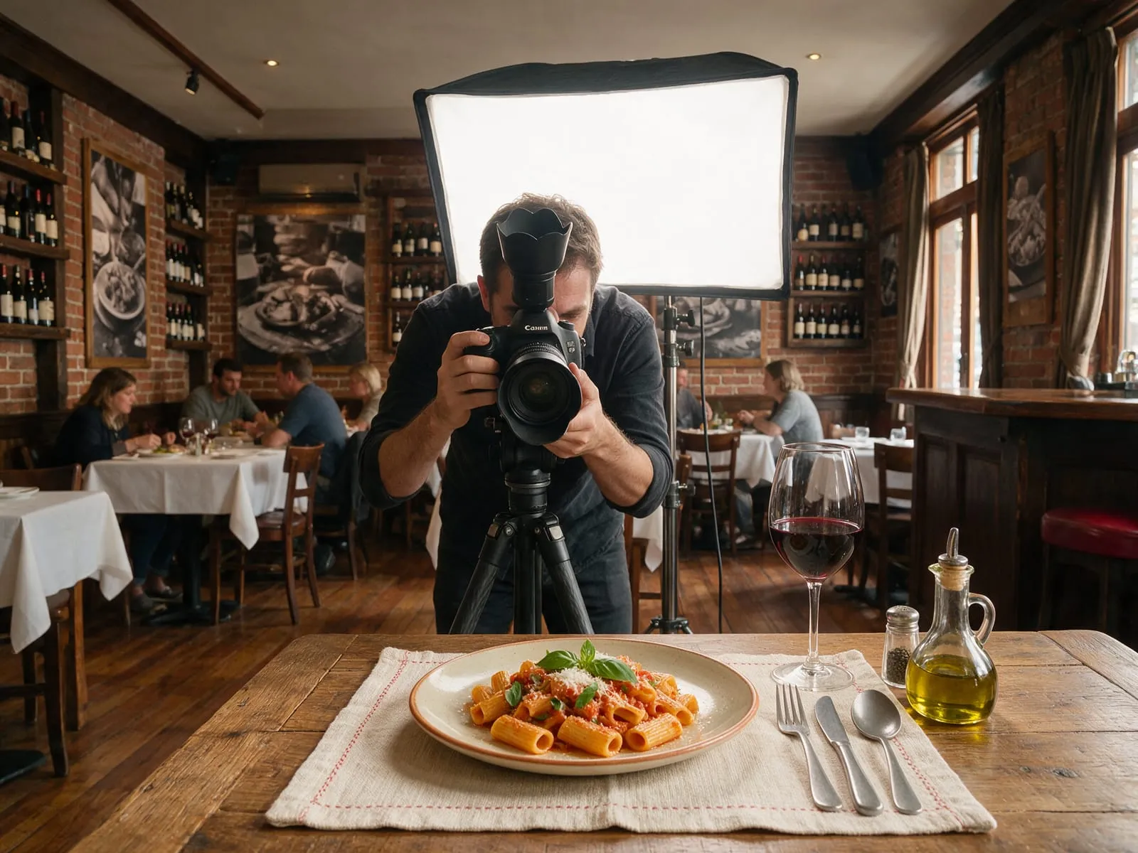 Un fotografo scatta un piatto in un ristorante con luci da studio