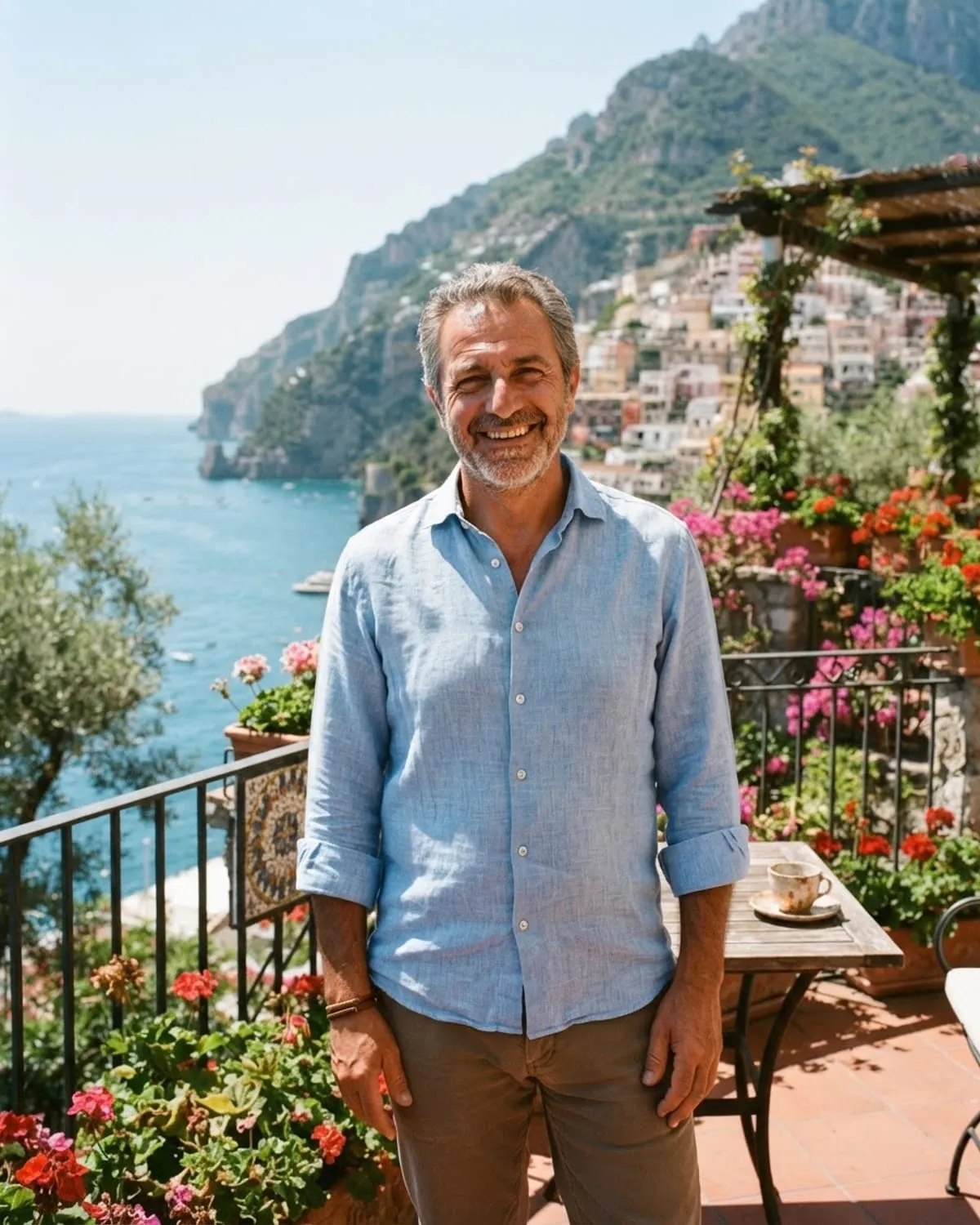 Il titolare di un bed and breakfast sorride su una terrazza fiorita con vista sul mare del Sud Italia