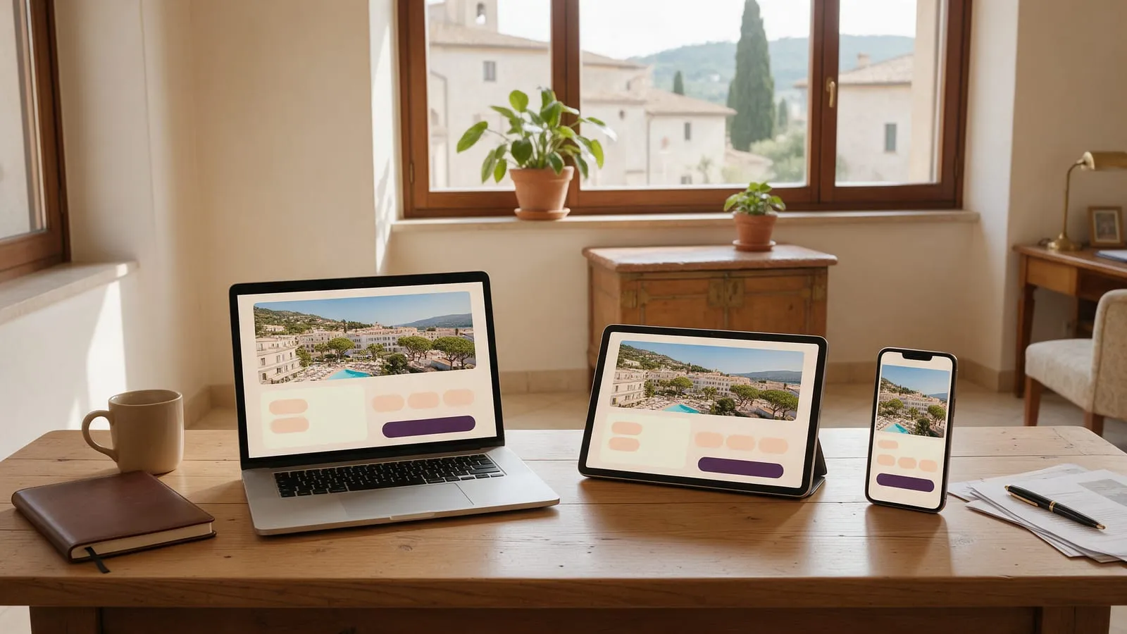 Portatile, tablet e smartphone affiancati su una scrivania mostrano lo stesso sito di un hotel sul mare
