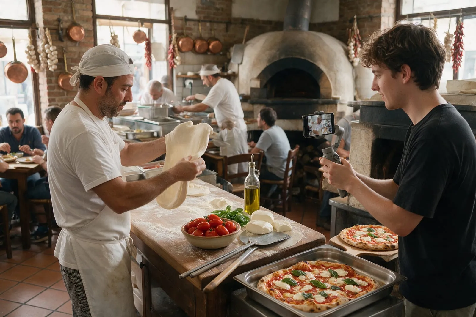 Un social media manager gira un video verticale con lo smartphone su gimbal a un pizzaiolo che stende l'impasto a Napoli