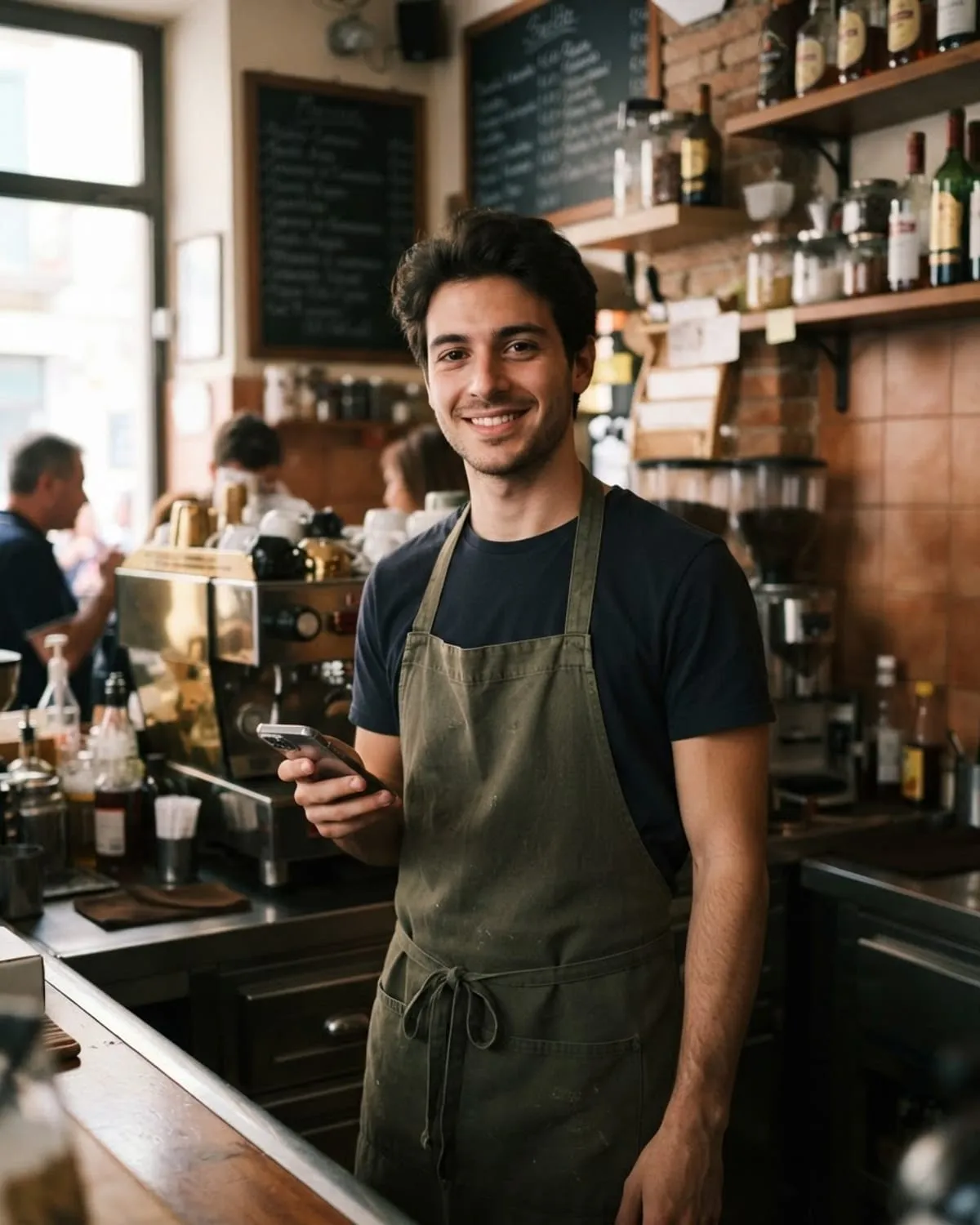 Un giovane barista con il grembiule tiene lo smartphone davanti al bancone del suo bar di Napoli