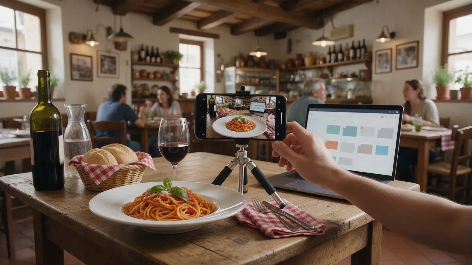 Uno smartphone su un piccolo treppiede riprende un piatto di pasta, accanto a un portatile con il calendario dei post