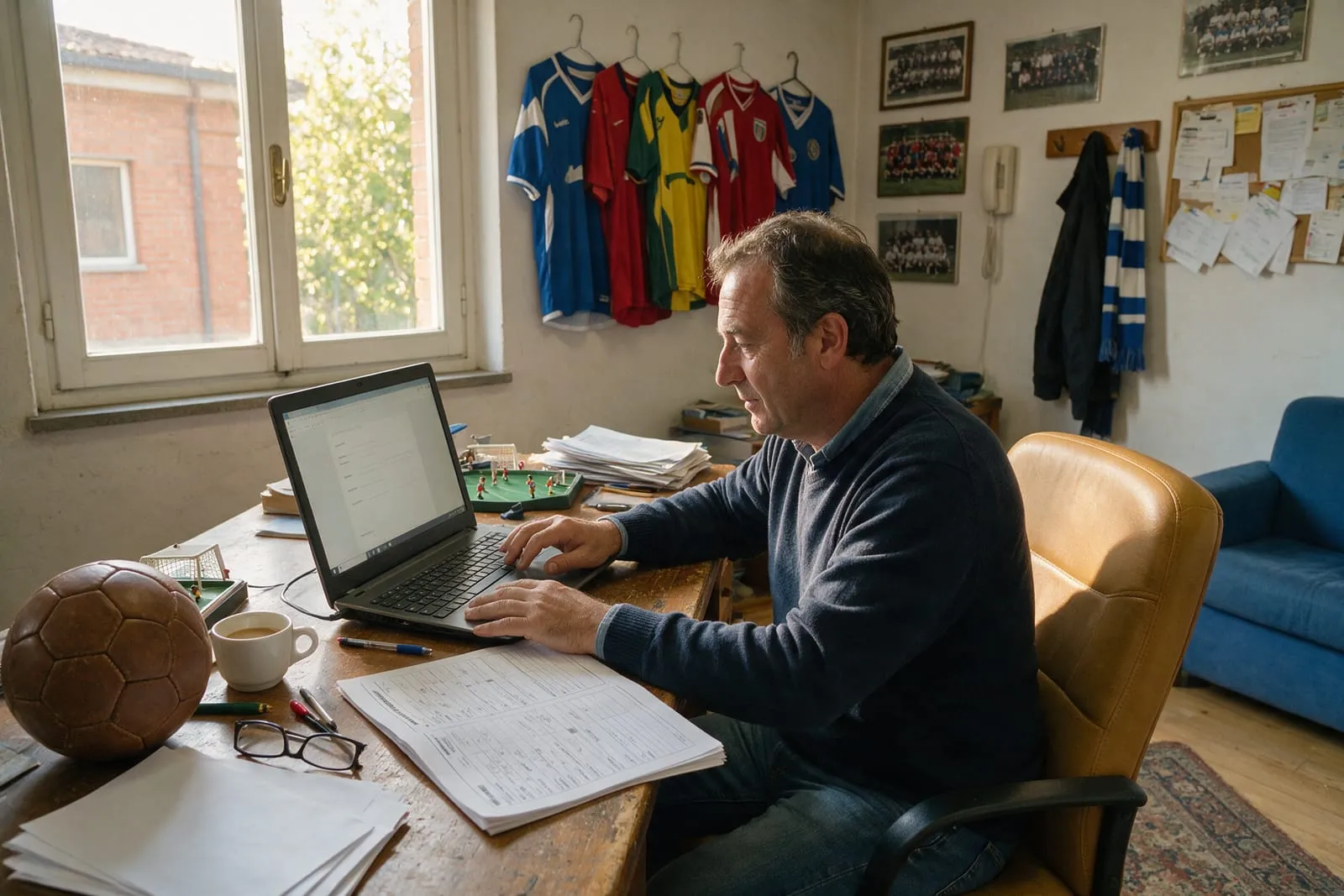 Segretario di una scuola calcio iscrive i giovani atleti al laptop nell'ufficio del club con le maglie appese