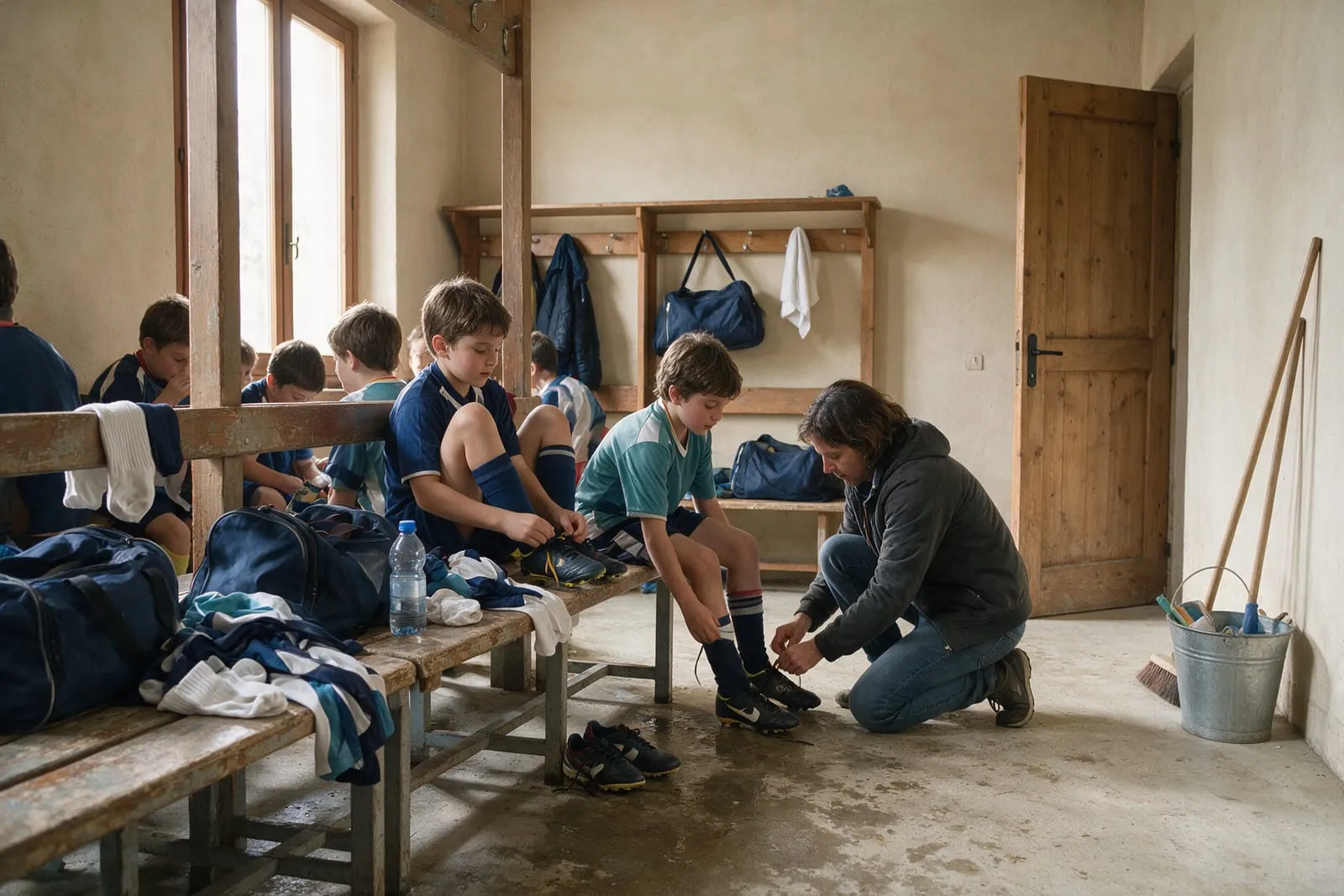 Bambini nello spogliatoio allacciano gli scarpini con l'aiuto di un genitore, borse sportive sulla panca