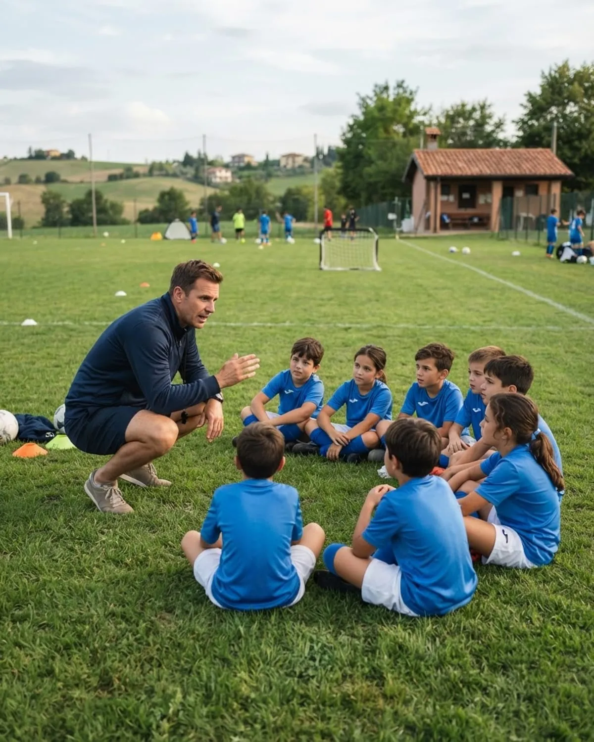 Allenatore accovacciato parla a un gruppo di bambini in divisa seduti sul campo da allenamento