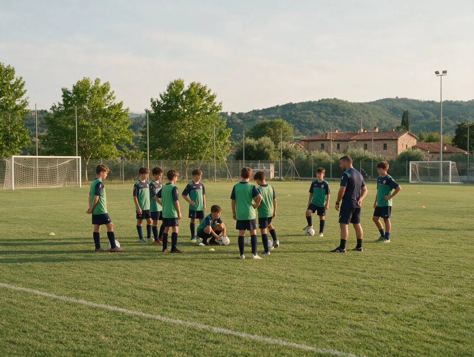 Squadra giovanile di calcio con l'allenatore in campo