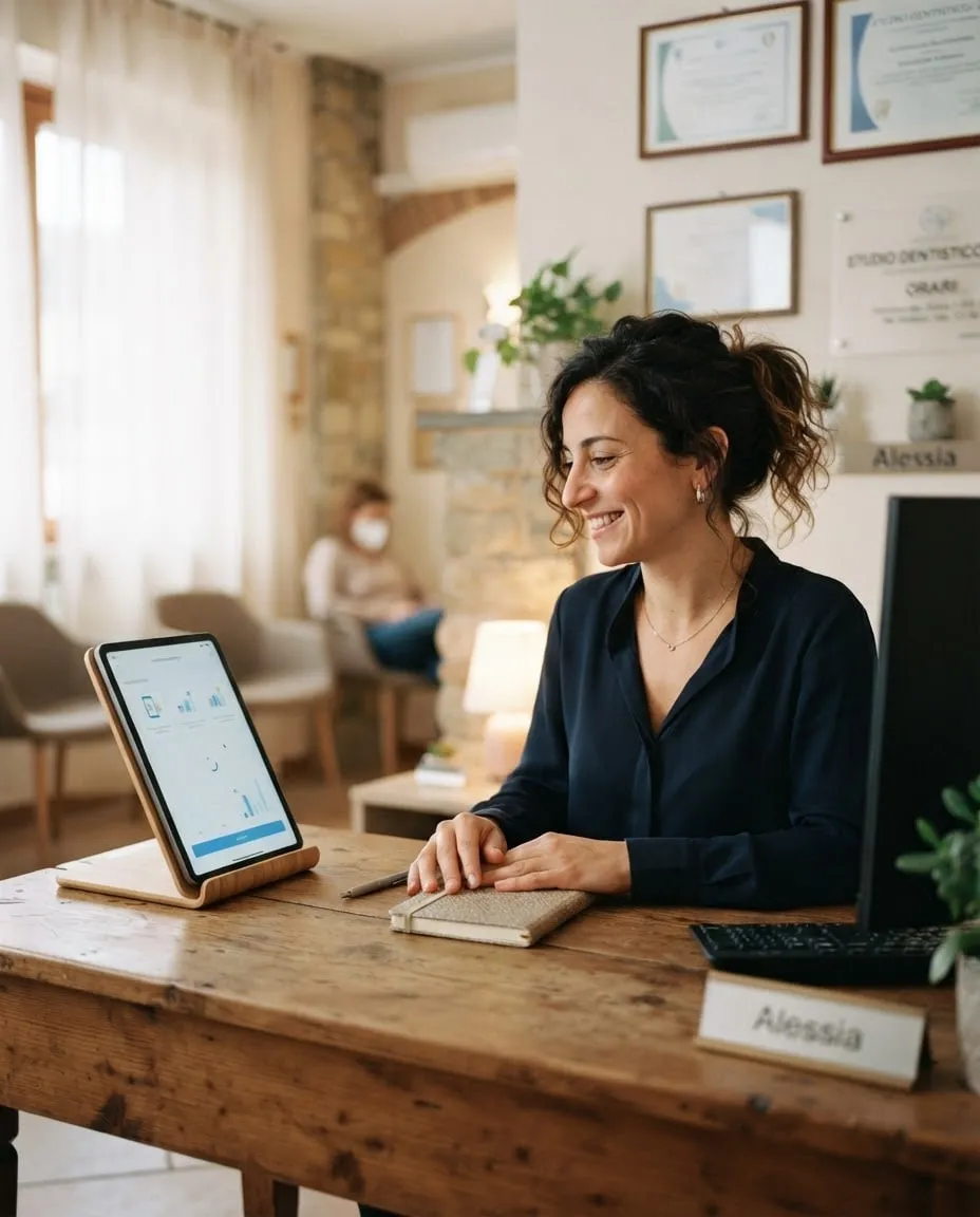 La receptionist di uno studio dentistico al lavoro accanto a un tablet