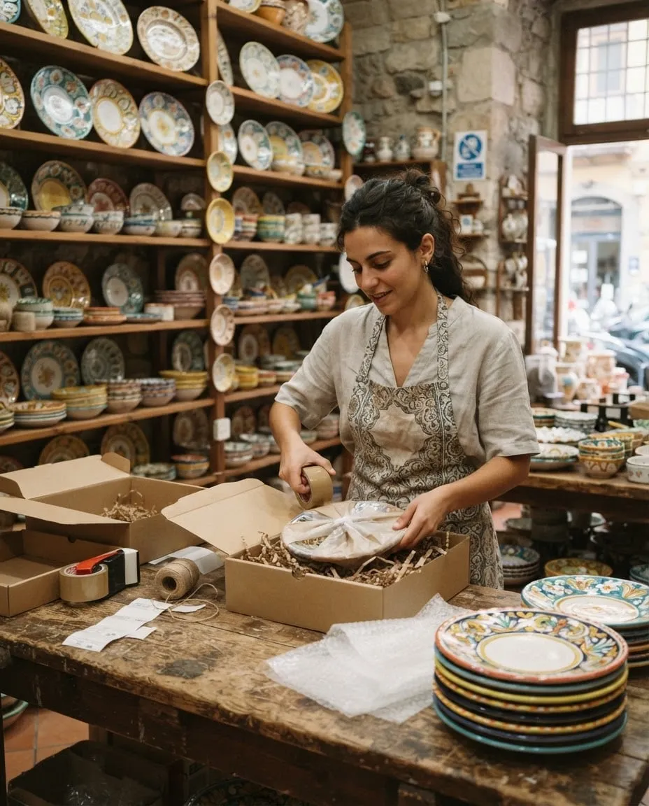 Una ragazza prepara le spedizioni in una bottega di ceramiche
