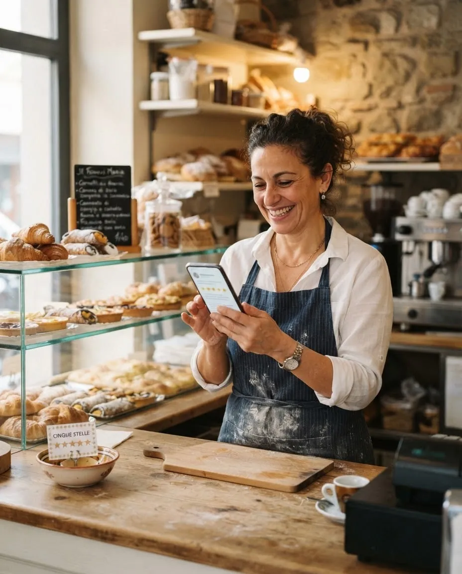 La titolare di un forno legge le recensioni dei clienti sullo smartphone