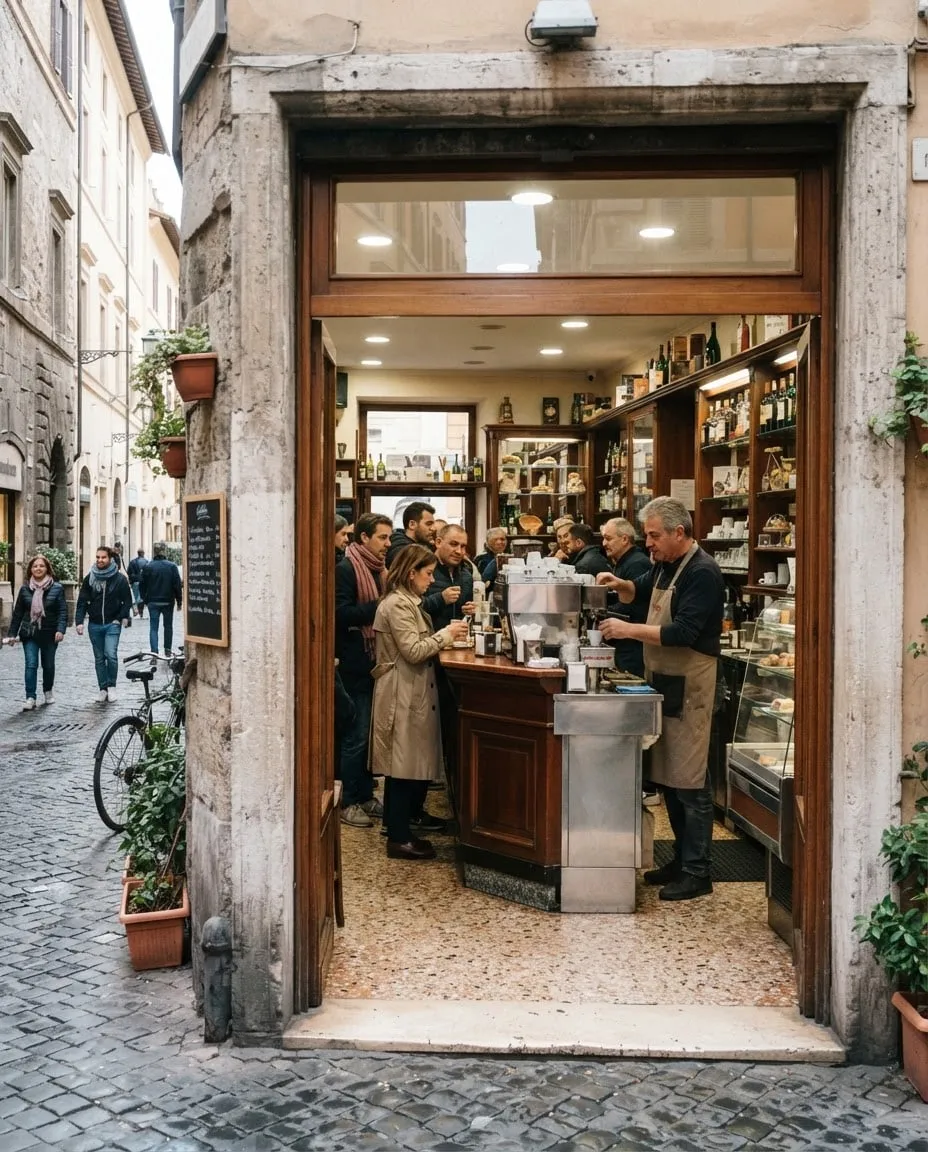 Un bar affollato la mattina, visto dalla porta d'ingresso