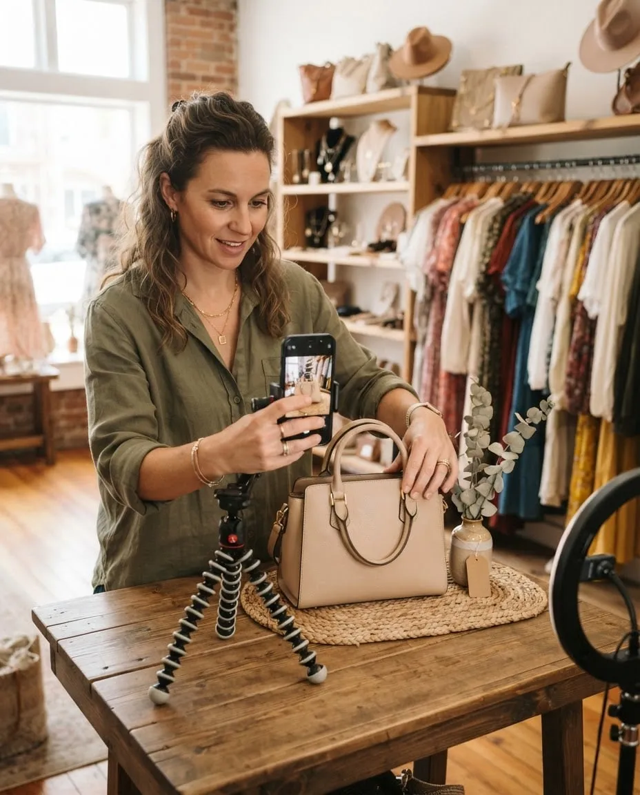 La titolare di una boutique fotografa una borsa con lo smartphone