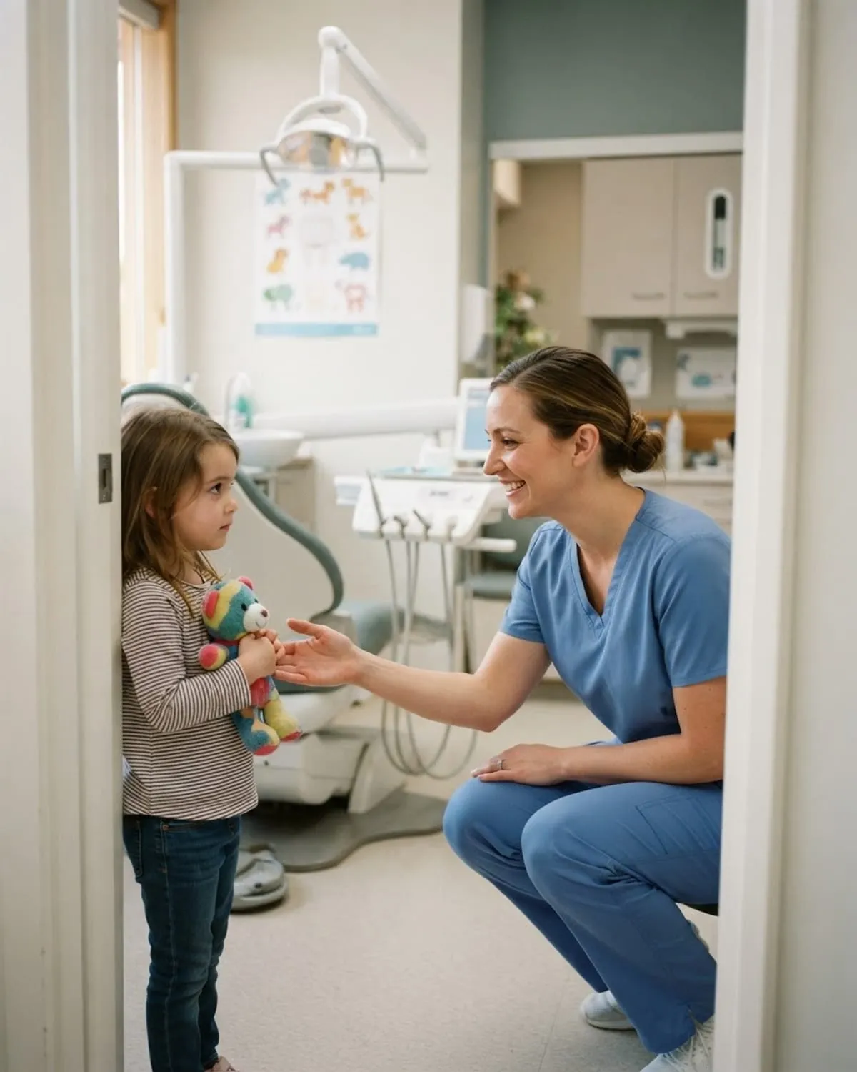 Assistente di studio accoglie con un sorriso una bambina con il suo peluche nello studio dentistico