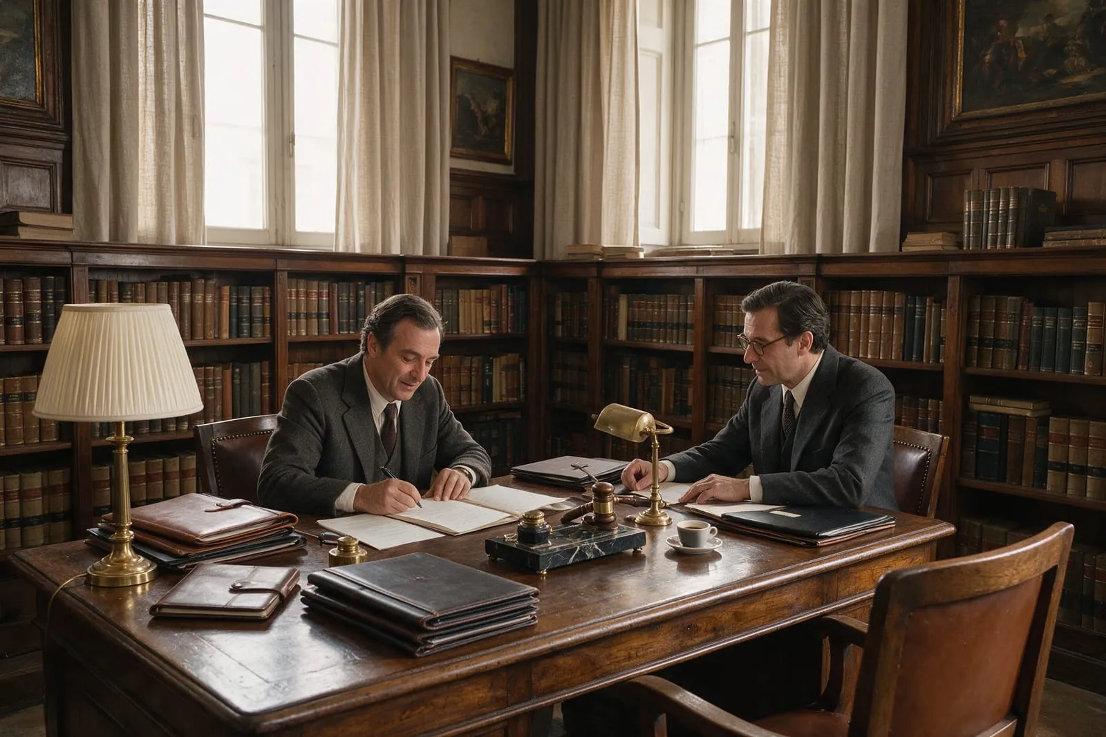 Due professionisti discutono carte e fascicoli a una scrivania in legno in uno studio legale italiano