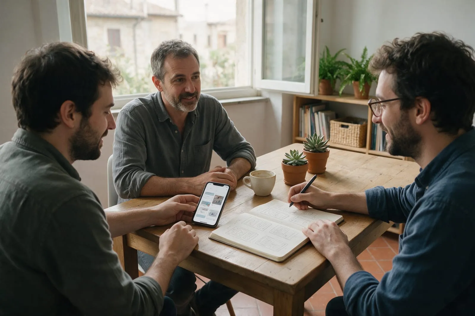 Due sviluppatori e il titolare di una piccola azienda attorno a un tavolo con il prototipo di un'app e schizzi su un quaderno