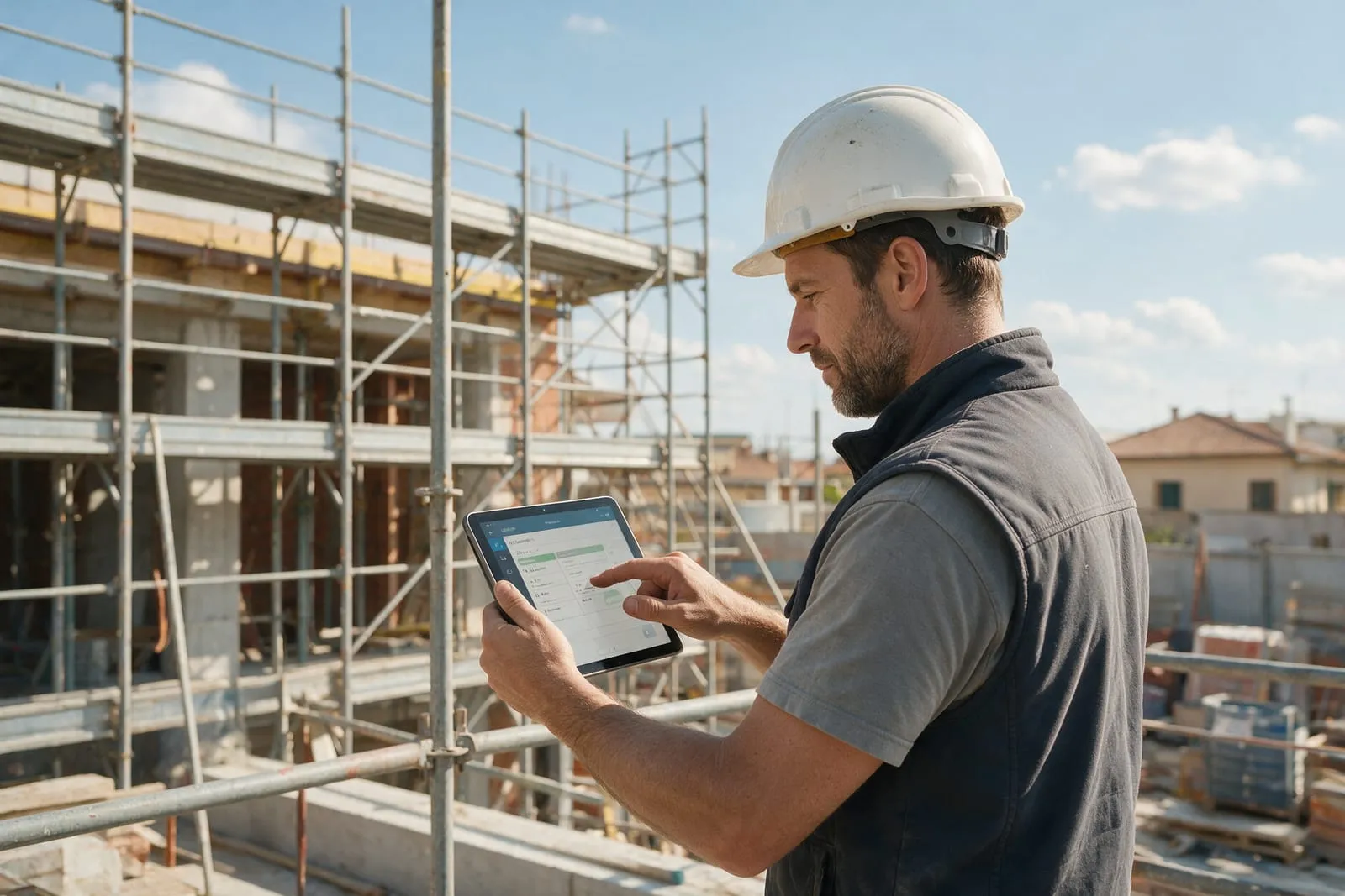 Un operaio edile con il casco usa un tablet per controllare un ordine di lavoro davanti a un'impalcatura