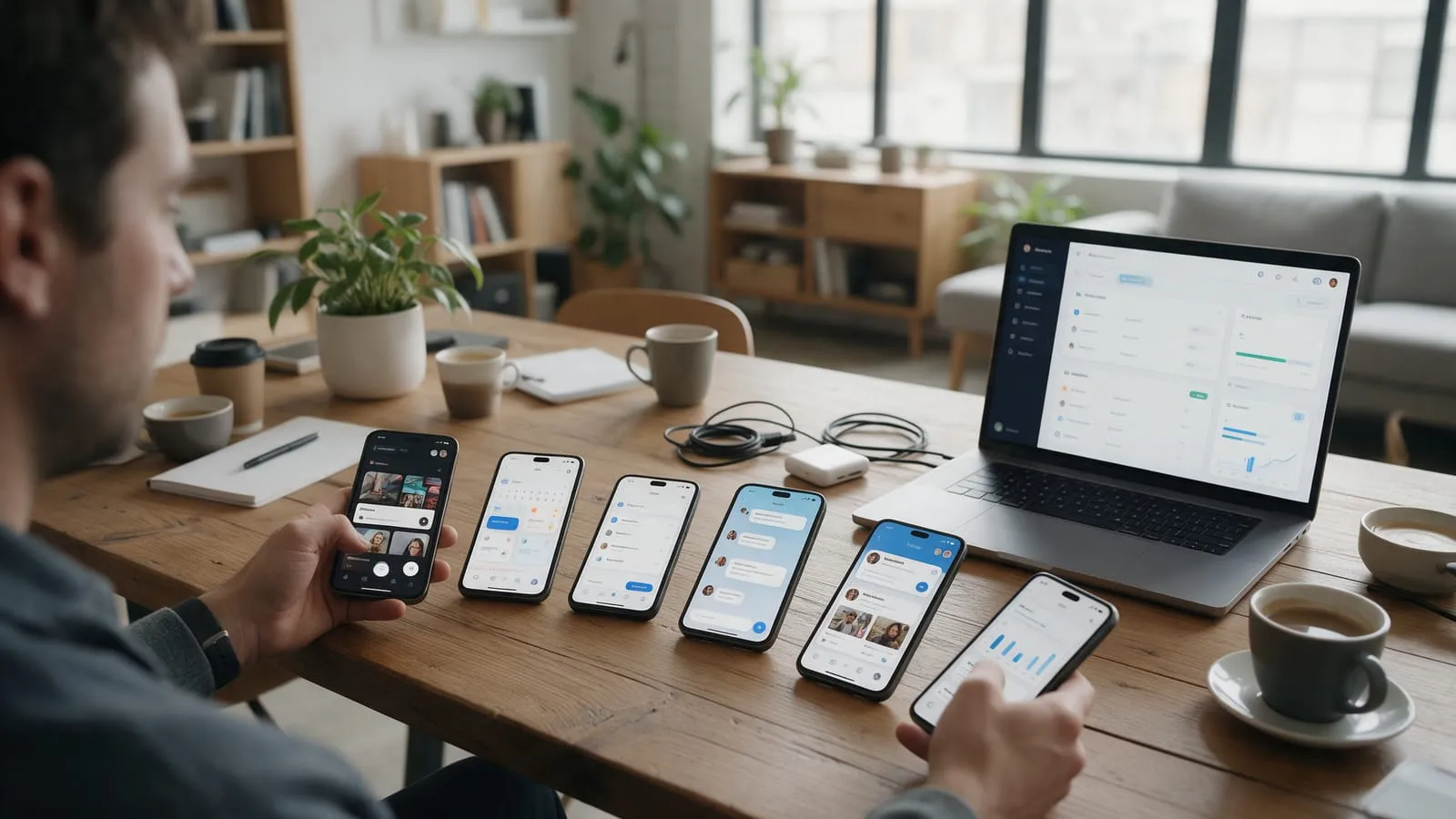 Diversi smartphone su un tavolo mostrano schermate di un'app, accanto a un portatile e a una mano che ne regge uno