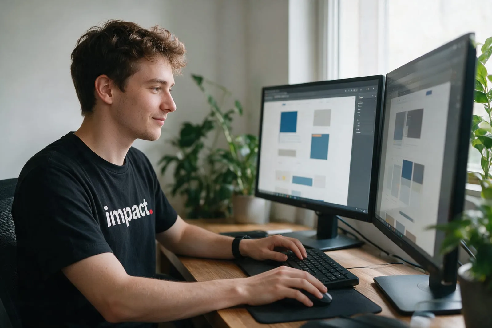Uno sviluppatore con la maglietta di Impact lavora al design di un sito su due monitor