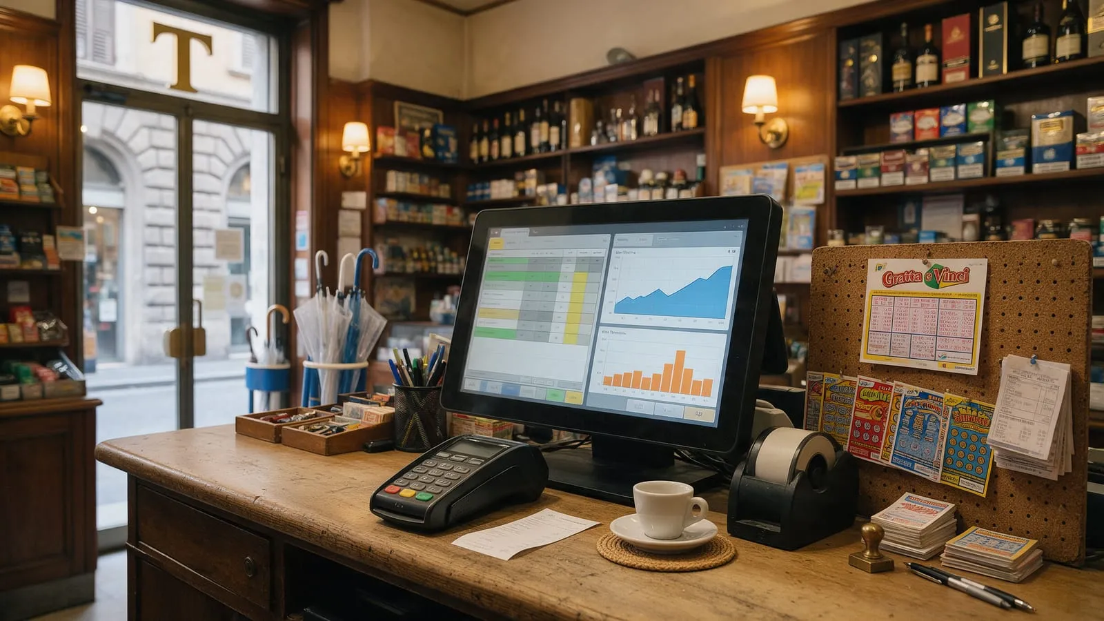 Monitor con giacenze e grafico vendite accanto al terminale POS sul bancone di una tabaccheria