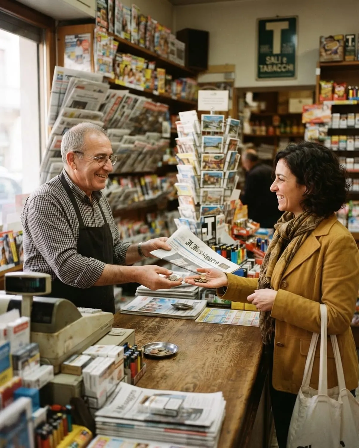 Tabaccaio consegna un giornale e il resto a una cliente sorridente al bancone della tabaccheria