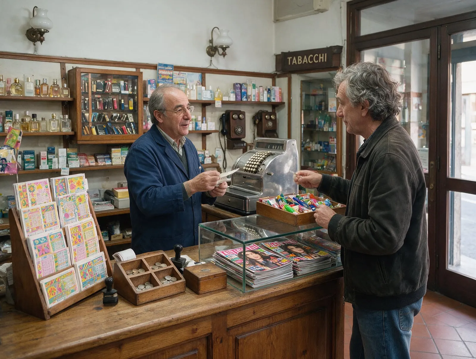 Un tabaccaio al banco della sua rivendita