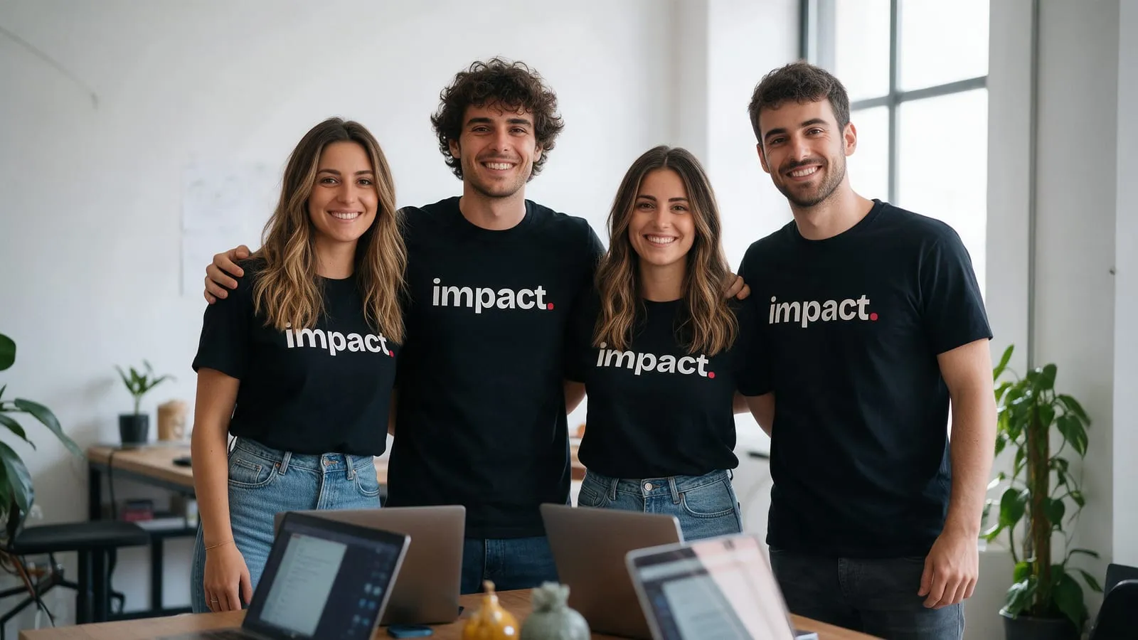 Quattro persone sorridenti con la maglietta nera di Impact in un ufficio luminoso, davanti a un tavolo con i portatili