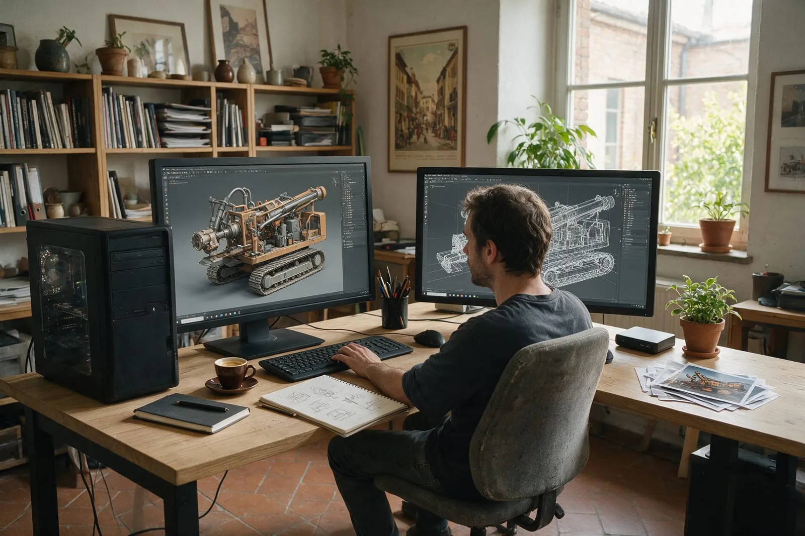 Un animatore 3D al lavoro su due monitor che mostrano il modello di una macchina industriale in uno studio creativo