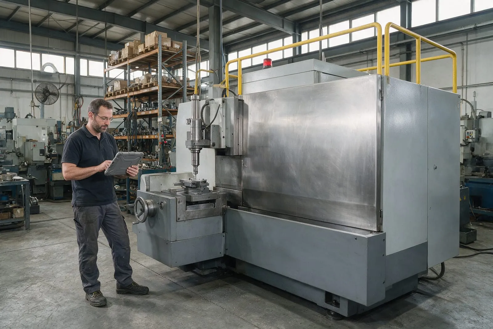 Un tecnico con il tablet in mano accanto a un grande macchinario nel capannone di una piccola azienda italiana