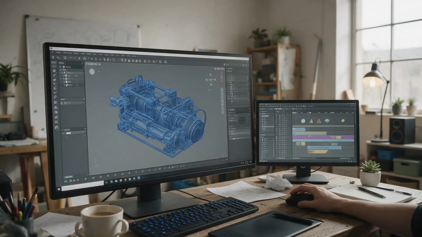Un monitor mostra il modello 3D di un macchinario industriale, con una timeline su un secondo schermo