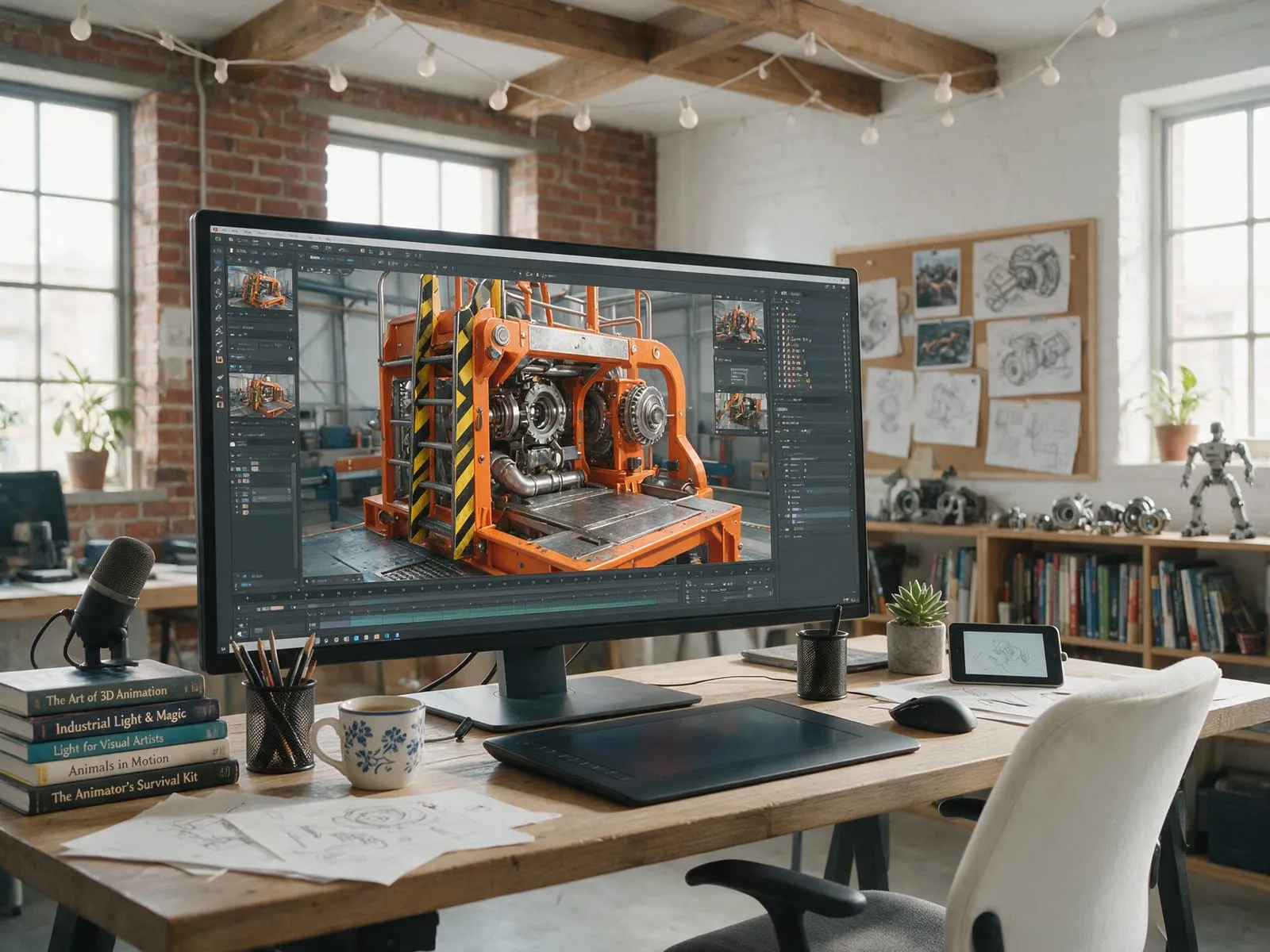 Uno schermo con l'animazione 3D di un prodotto industriale in uno studio creativo