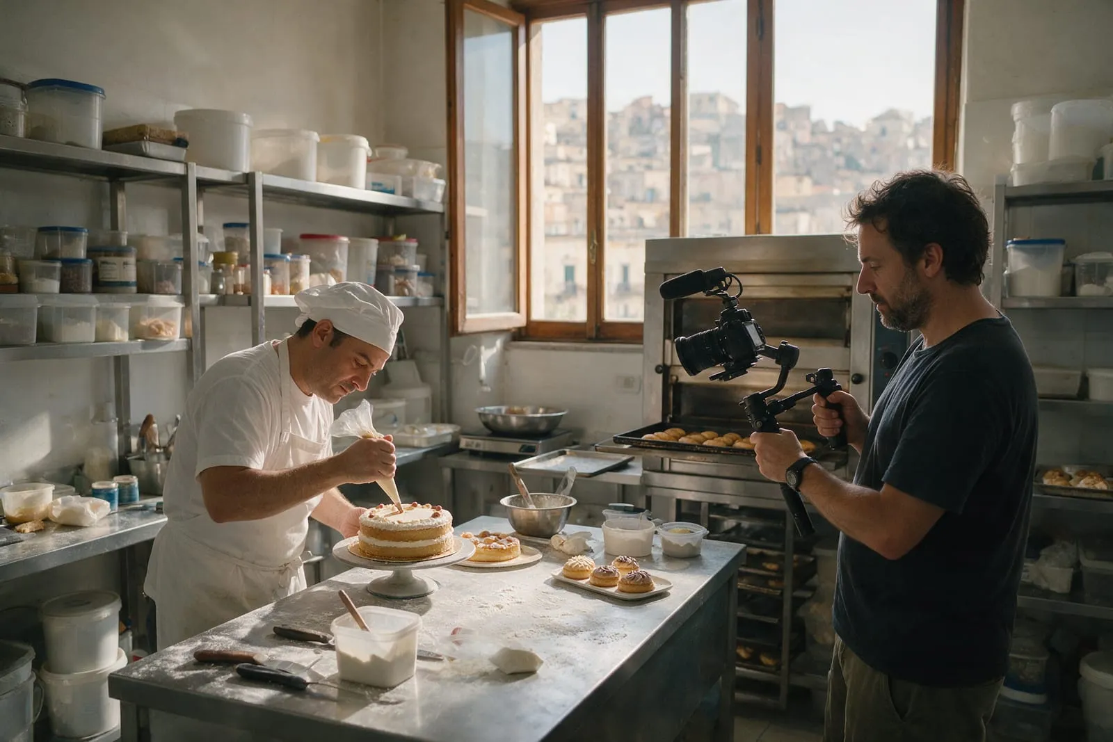 Un videomaker con stabilizzatore riprende un pasticcere che decora una torta nel laboratorio di una pasticceria di Napoli