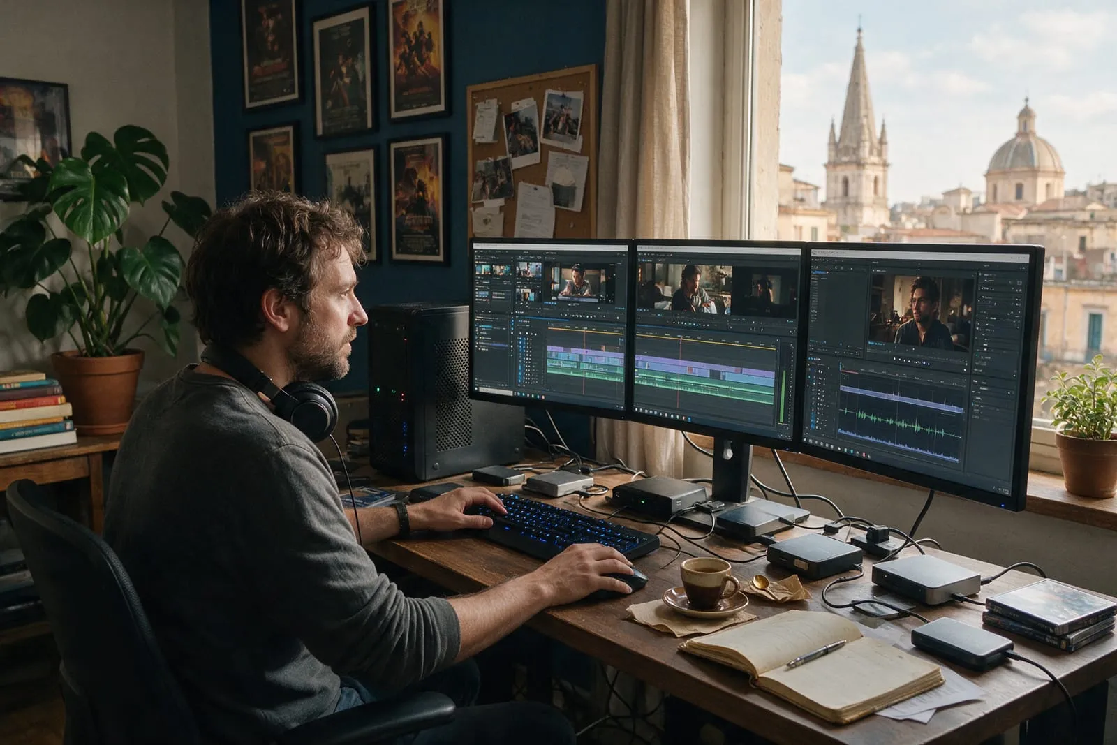 Un montatore video lavora alla timeline su tre monitor in uno studio di Napoli, con le cuffie al collo