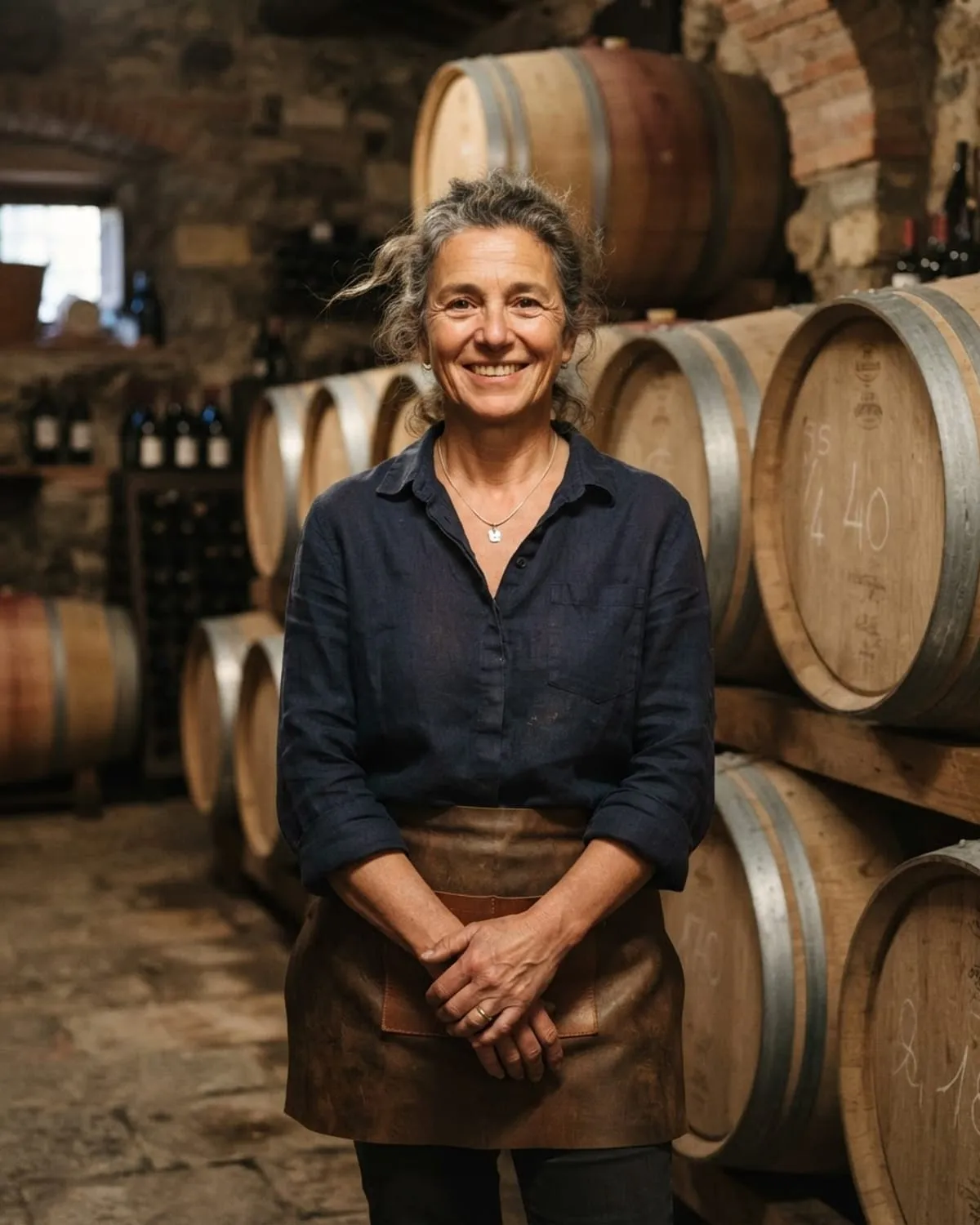 Una viticoltrice sorride tra le botti di legno nella cantina di una piccola azienda vinicola del Sud Italia
