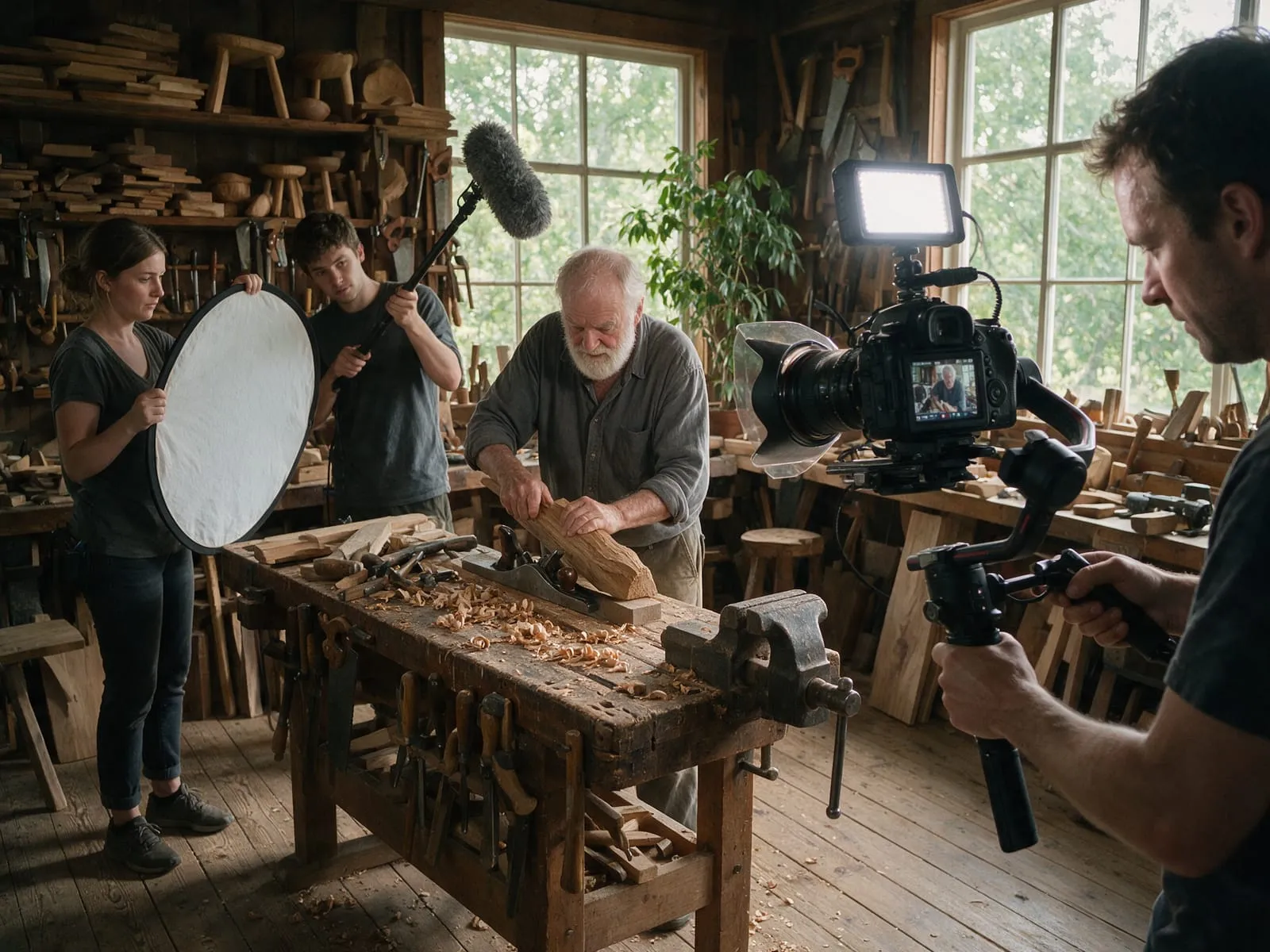 Una piccola troupe riprende un artigiano al lavoro nella sua bottega