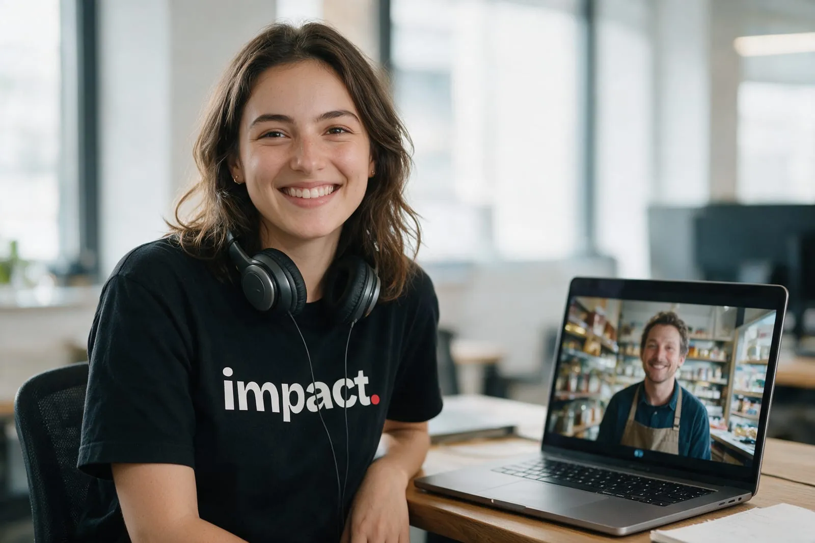 Una consulente con la maglietta di Impact sorride durante una videochiamata con il titolare di un negozio